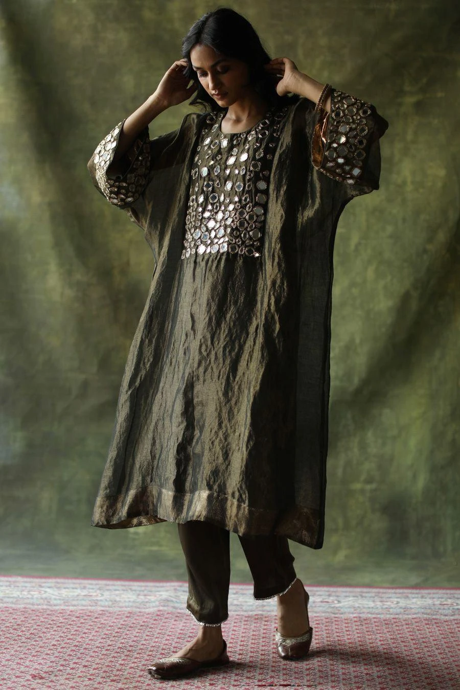 Begum Pret Olive Green Embellished Kaftan Set 3 Begum Pret Olive Green Embellished Kaftan Set