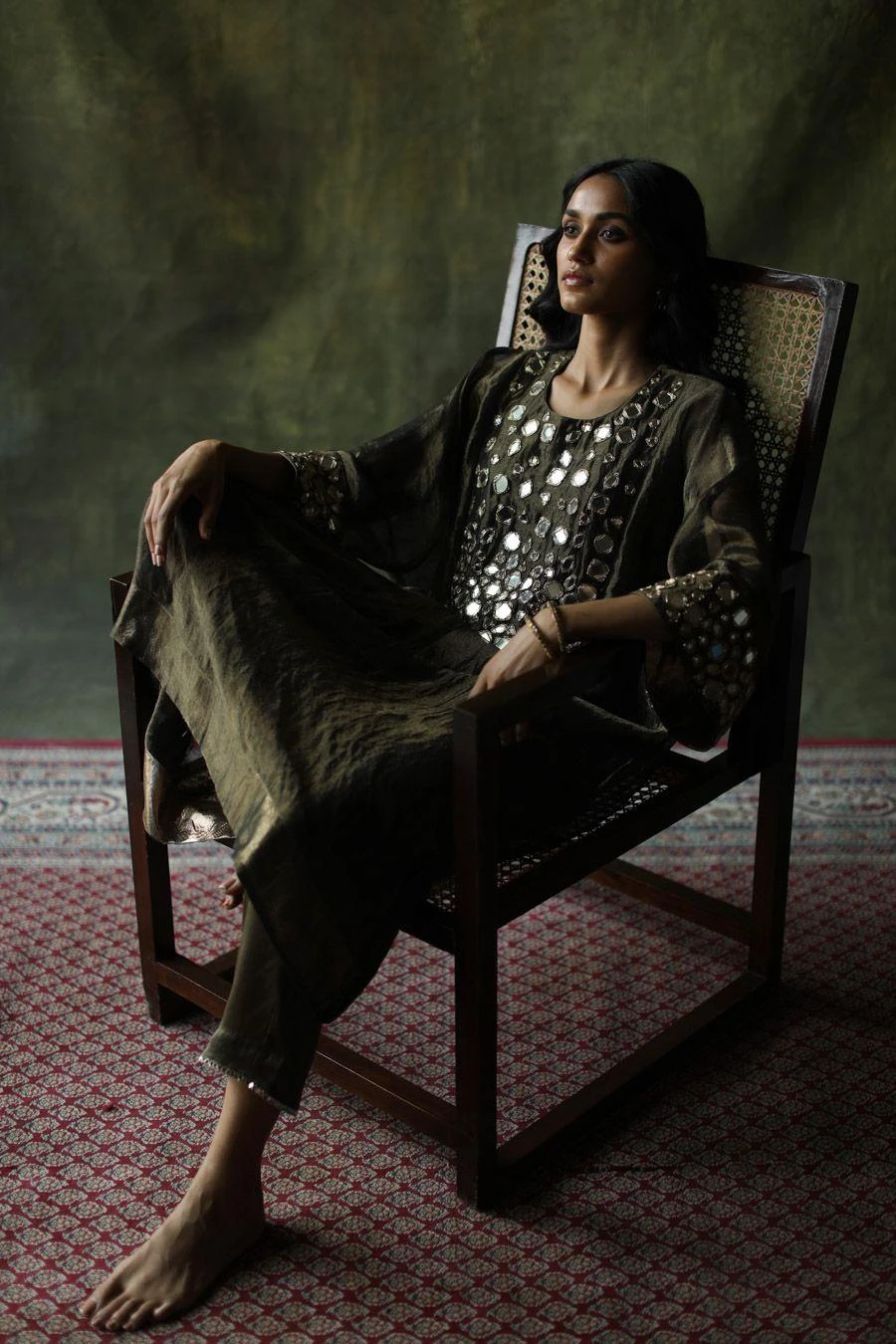 Begum Pret Olive Green Embellished Kaftan Set 4 Begum Pret Olive Green Embellished Kaftan Set - Image 2