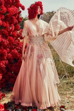 Bhumika Sharma Champagne Organza Belted Anarkali Set