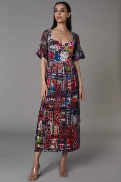 Saaksha & Kinni Abstract Print Pleated Dress With Organza Sides