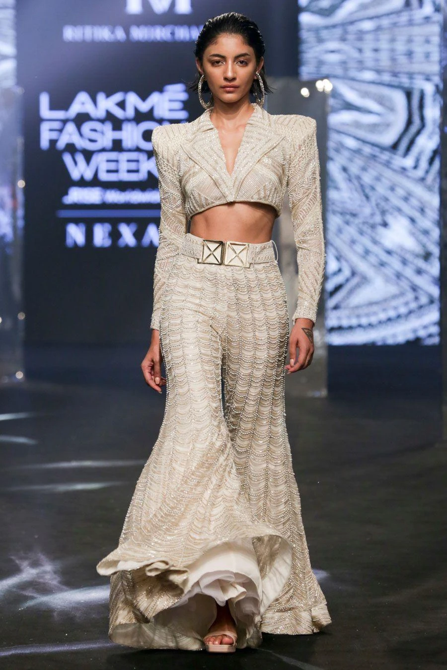 Ritika Mirchandani Beige & Gold Embellished Cropped Blazer & Sharara 5 Ritika Mirchandani Beige & Gold Embellished Cropped Blazer & Sharara - Image 3