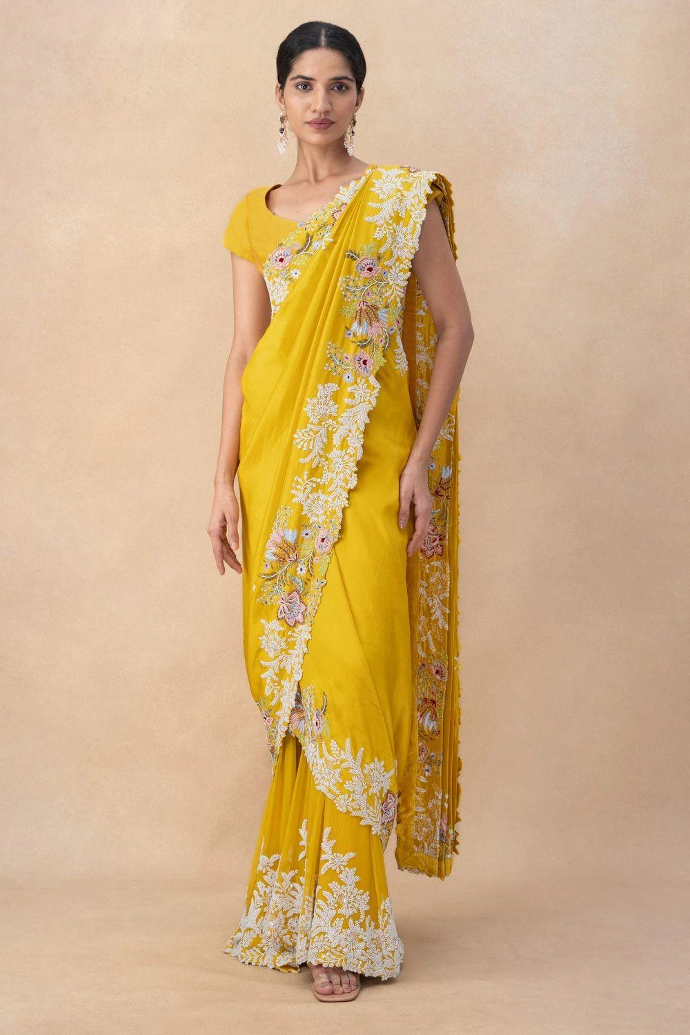 Anamika Khanna Yellow Floral Embellished Draped Sari Set 3 Anamika Khanna Yellow Floral Embellished Draped Sari Set