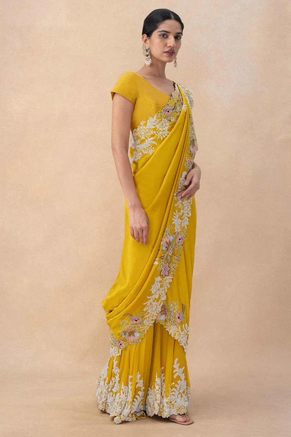 Anamika Khanna Yellow Floral Embellished Draped Sari Set 4 Anamika Khanna Yellow Floral Embellished Draped Sari Set - Image 2