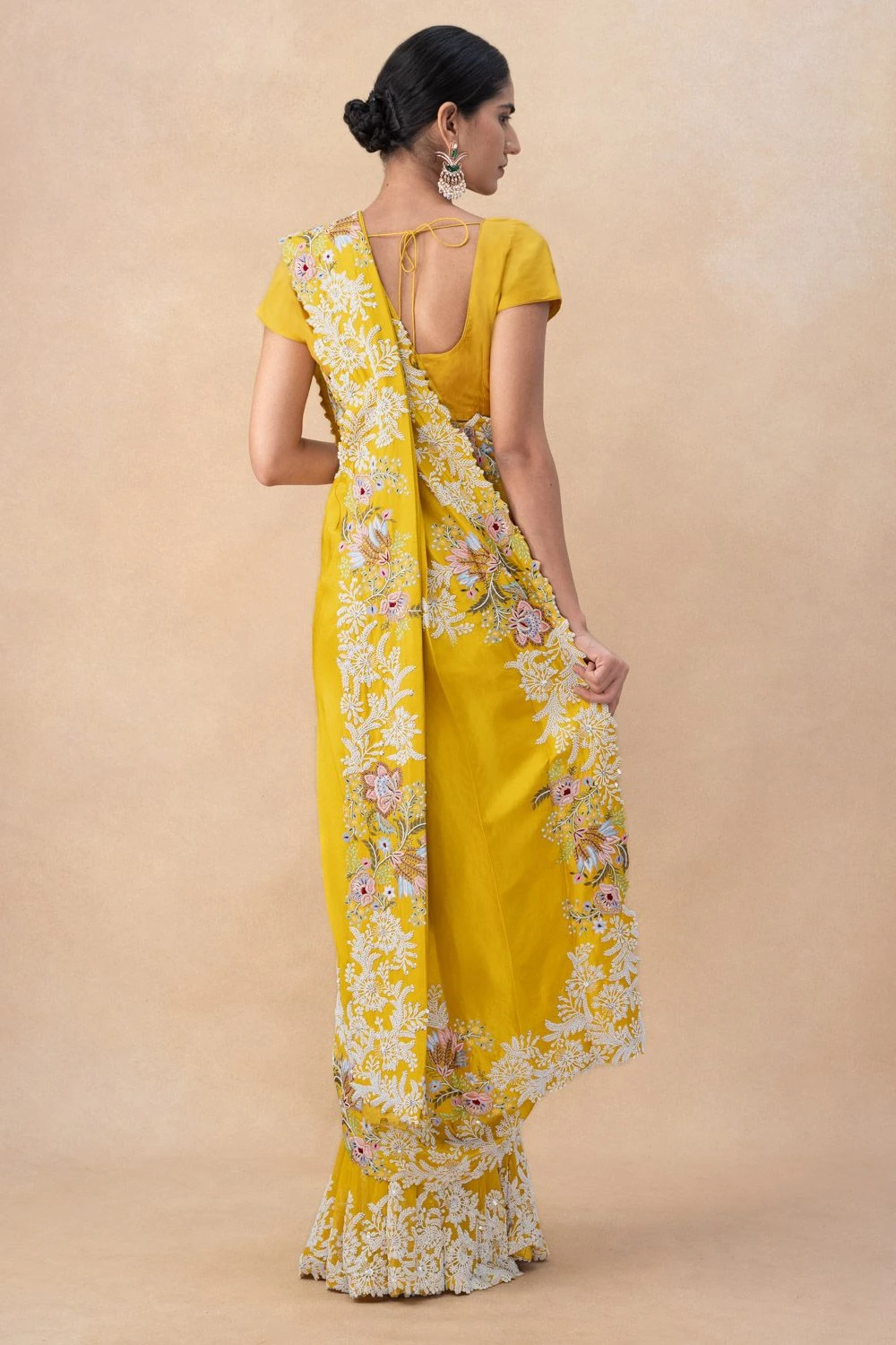 Anamika Khanna Yellow Floral Embellished Draped Sari Set 7 Anamika Khanna Yellow Floral Embellished Draped Sari Set - Image 5