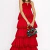 Rara Avis Red Tiered Embellished Maxi Dress