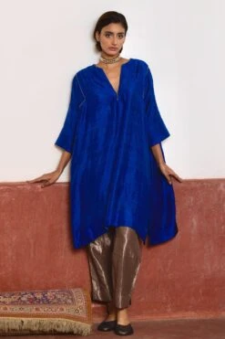 Shorshe Blue & Silver Pure Silk Jhabla Kurta Set