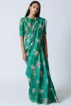 Nadiya Paar Jade Green Floral Bunch Linen Sari