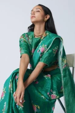Nadiya Paar Jade Green Floral Bunch Linen Sari -Inca Sales Store 2623np12 4