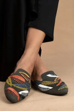 Nomada Olive Raffia Embellished Mules