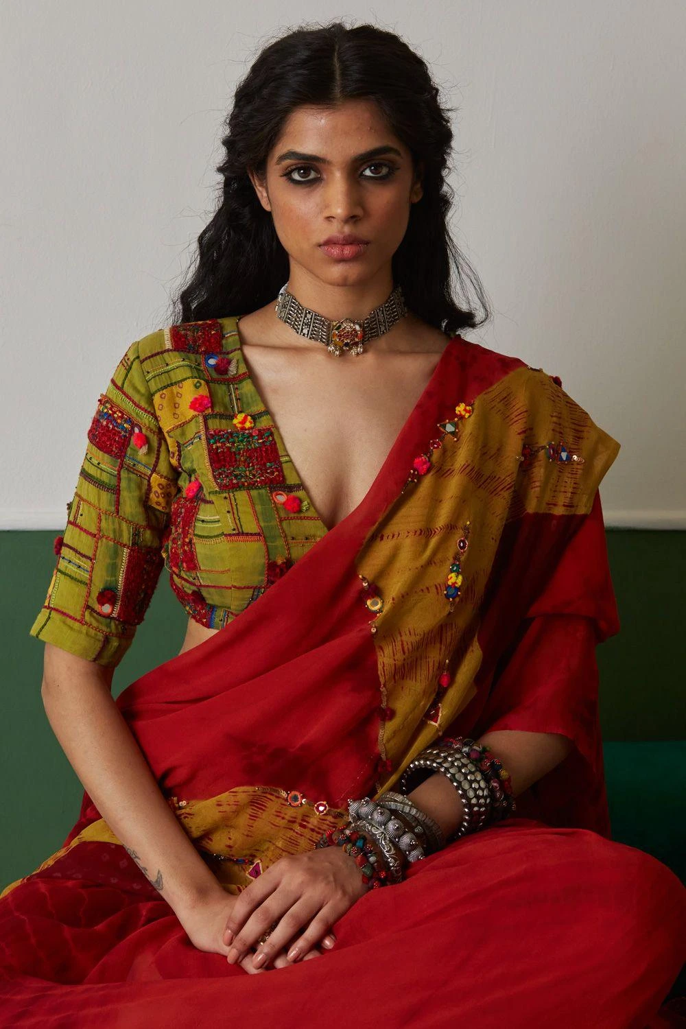 Medha Red Tie Dye Hand Embroidered Sari 3 Medha Red Tie Dye Hand Embroidered Sari