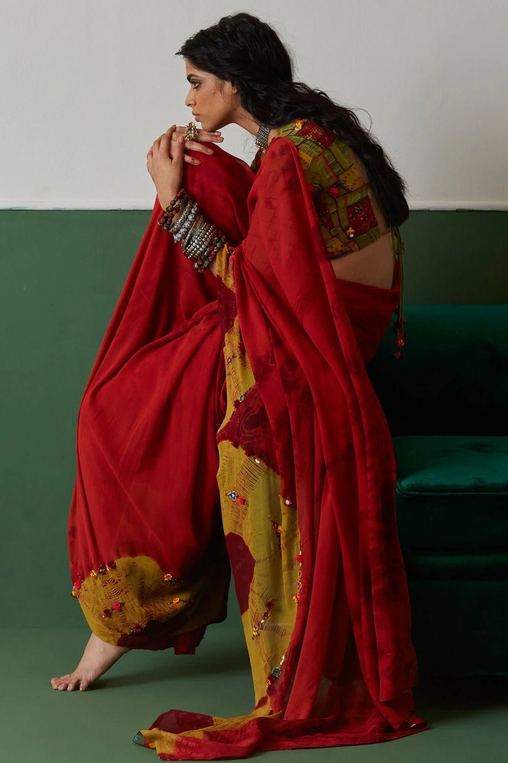 Medha Red Tie Dye Hand Embroidered Sari 4 Medha Red Tie Dye Hand Embroidered Sari - Image 2