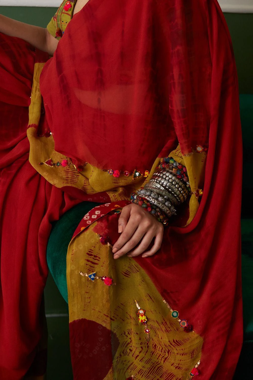 Medha Red Tie Dye Hand Embroidered Sari 6 Medha Red Tie Dye Hand Embroidered Sari - Image 4