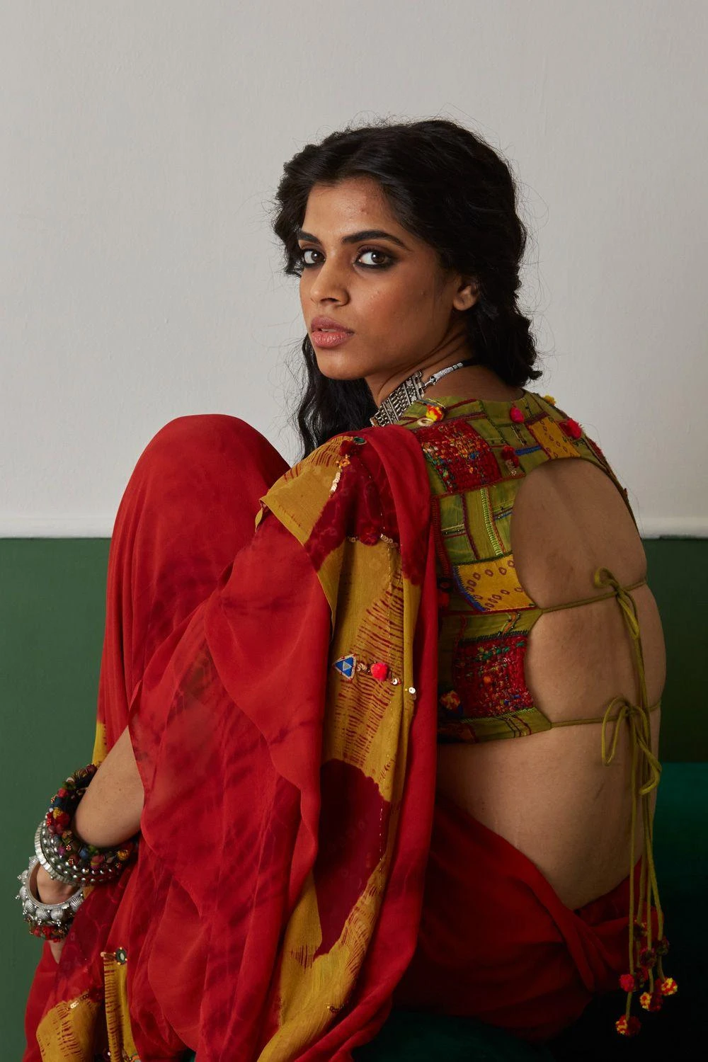 Medha Red Tie Dye Hand Embroidered Sari 7 Medha Red Tie Dye Hand Embroidered Sari - Image 5