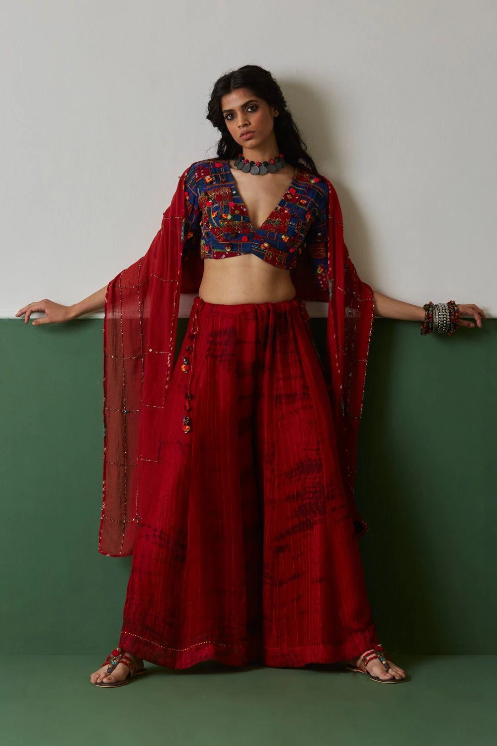 Medha Blue Patchwork V-neck Blouse 3 Medha Blue Patchwork V-neck Blouse