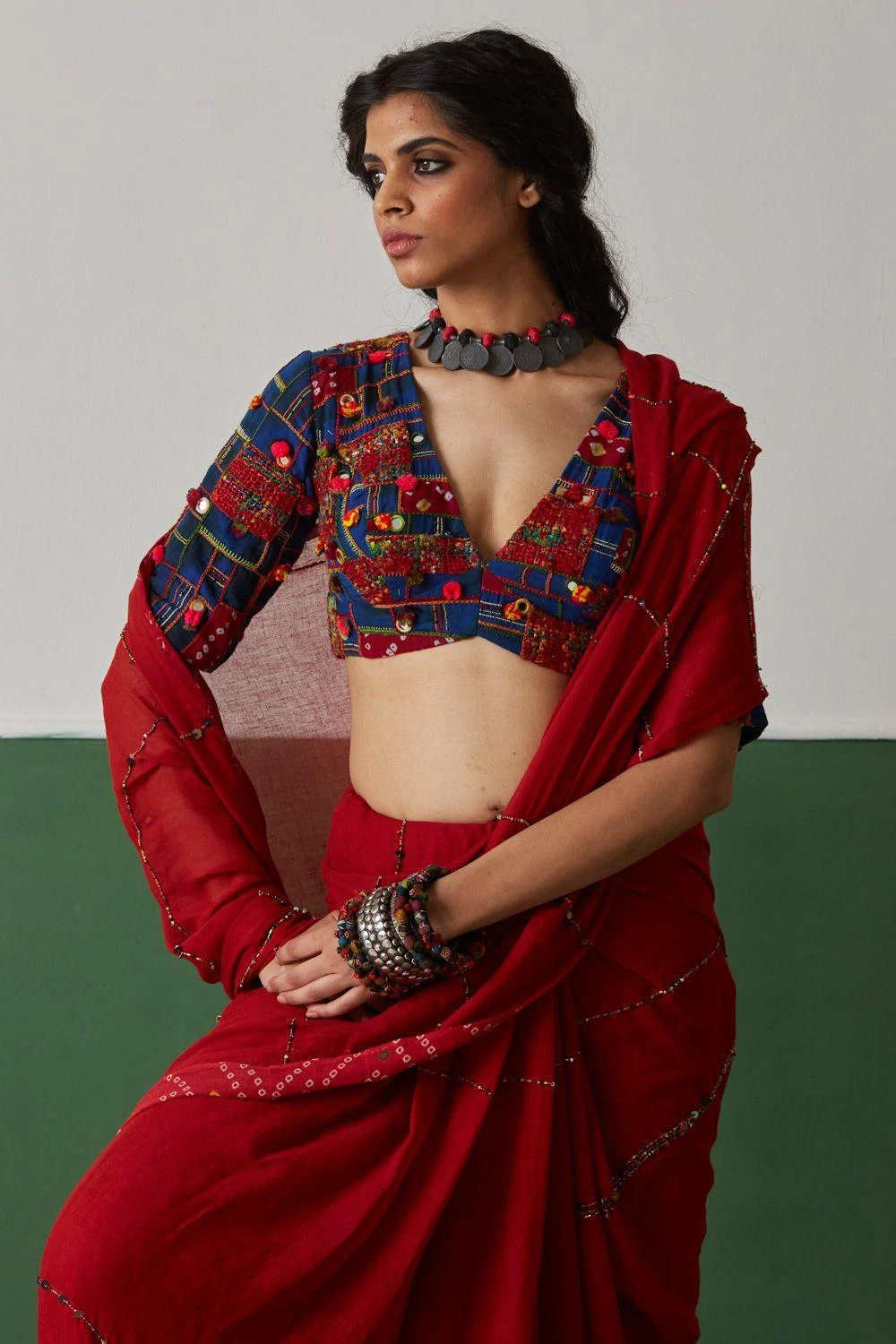 Medha Blue Patchwork V-neck Blouse 4 Medha Blue Patchwork V-neck Blouse - Image 2