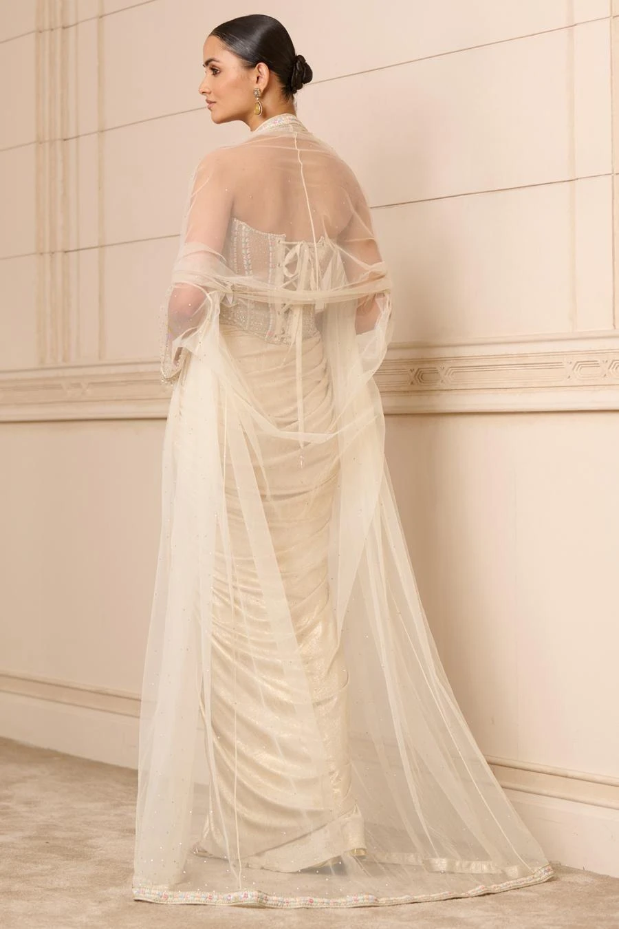 Tarun Tahiliani Ivory Hand Embellished Cape Set 5 Tarun Tahiliani Ivory Hand Embellished Cape Set - Image 3