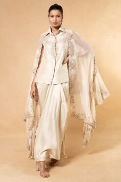 Anamika Khanna Ivory Embellished Cape Style Shirt & Pick Up Skirt