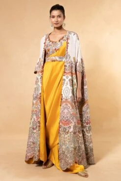 Anamika Khanna Yellow Thread Embellished Cape Set