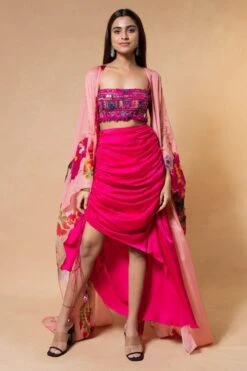 Saaksha & Kinni Pink Abstract Printed Mirror Embellished Cape Set