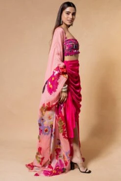 Saaksha & Kinni Pink Abstract Printed Mirror Embellished Cape Set -Inca Sales Store 27423sk3 3