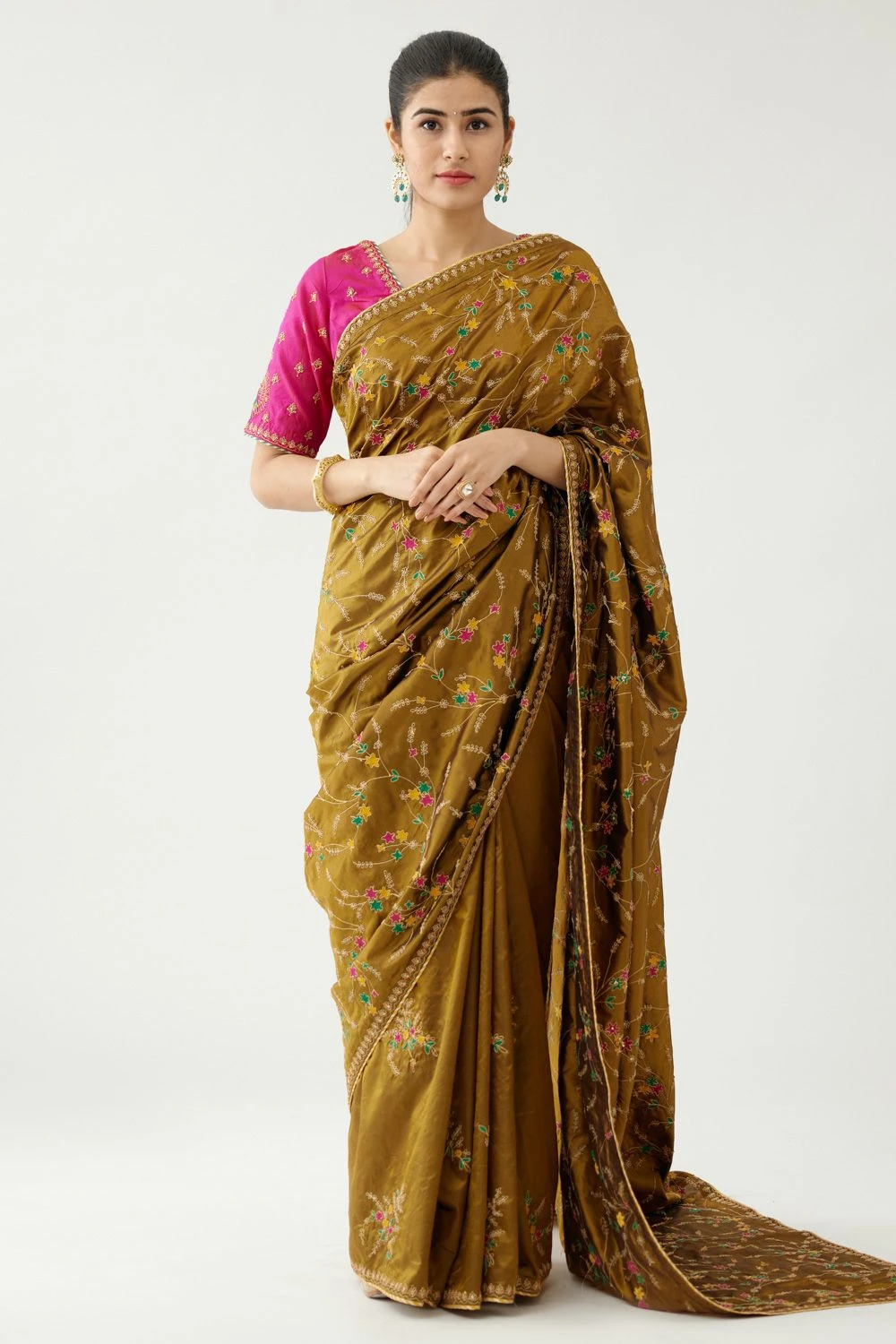 KORA Golden Olive Thread Embellished Sari Set 3 KORA Golden Olive Thread Embellished Sari Set