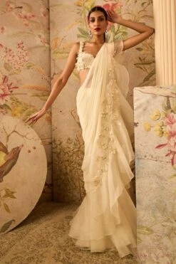 Ridhi Mehra Ivory Embellished Ruffled Sari Set