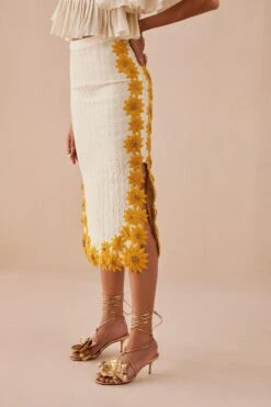 Chandrima Ivory Quilted Sunflower Midi Skirt -Inca Sales Store 2811cha19 2