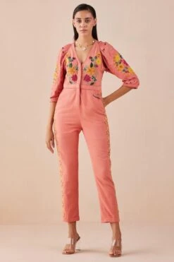 Chandrima Blush Floral Applique And Cutwork Jumpsuit
