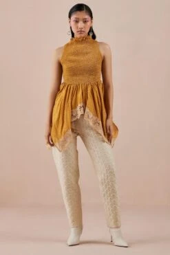 Chandrima Yellow Printed Smocked Cutwork Top