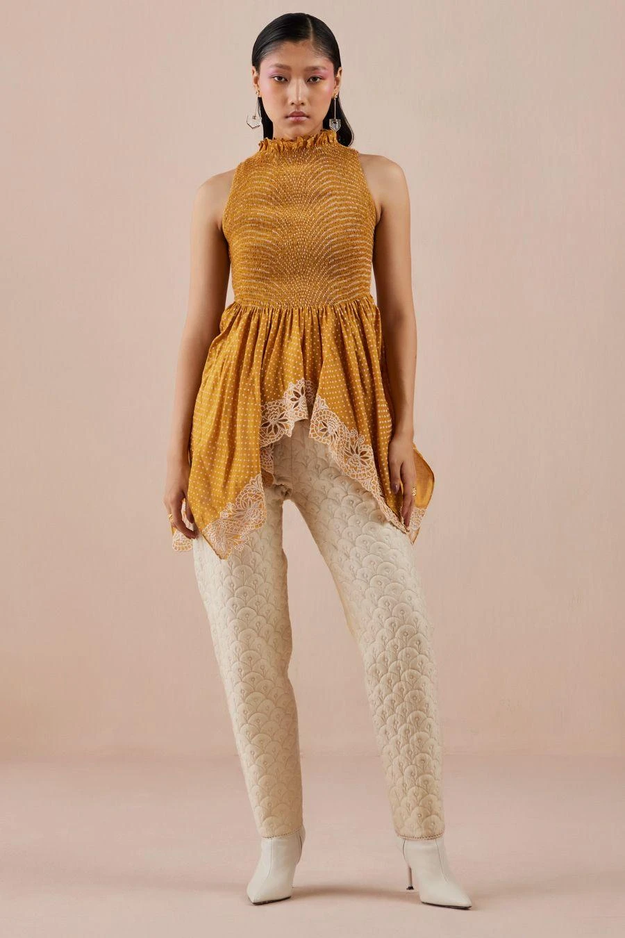 Chandrima Yellow Printed Smocked Cutwork Top 3 Chandrima Yellow Printed Smocked Cutwork Top