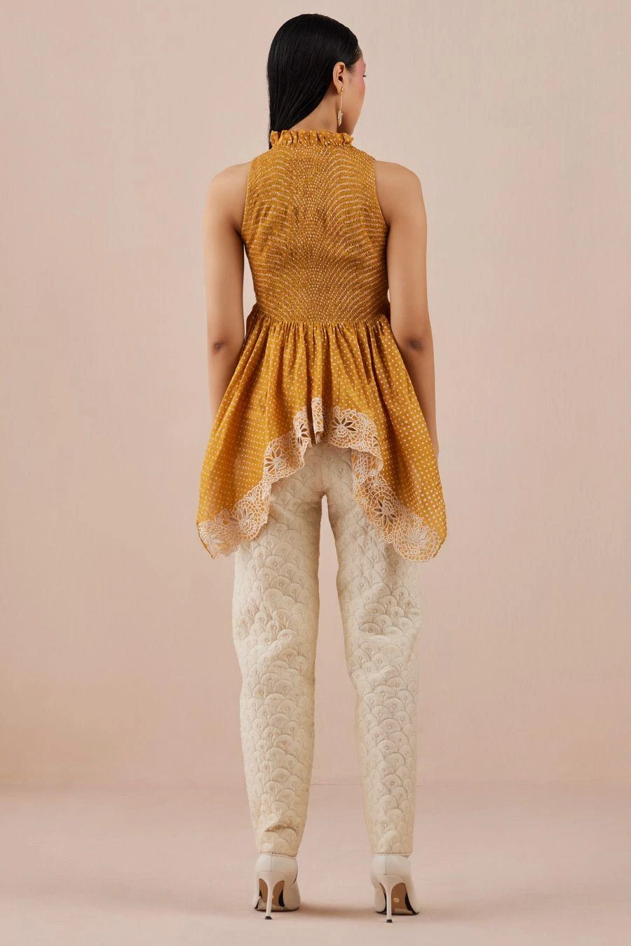 Chandrima Yellow Printed Smocked Cutwork Top 4 Chandrima Yellow Printed Smocked Cutwork Top - Image 2