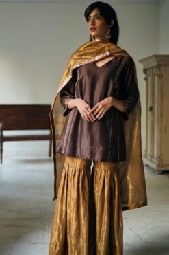 Shorshe Dark Brown Chanderi Kurta & Sharara Set