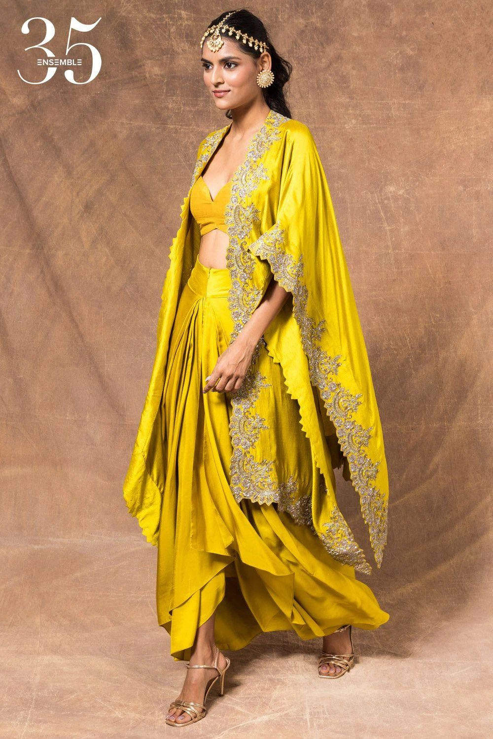 Jayanti Reddy Mustard Zardosi Embroidered Cape Set 4 Jayanti Reddy Mustard Zardosi Embroidered Cape Set - Image 2