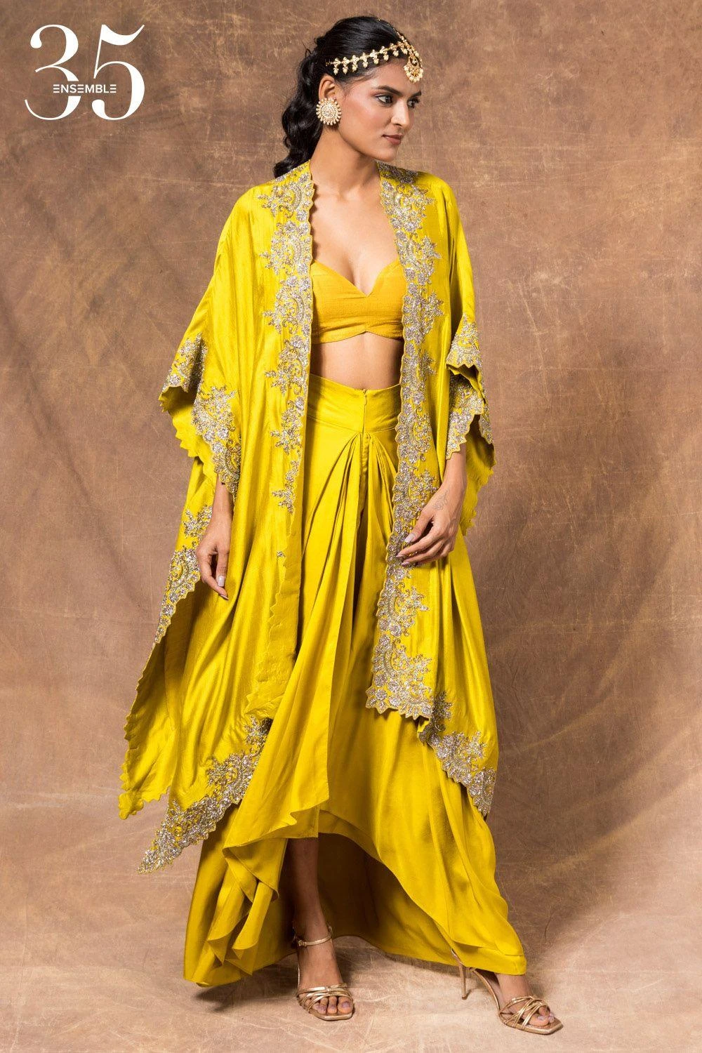 Jayanti Reddy Mustard Zardosi Embroidered Cape Set 5 Jayanti Reddy Mustard Zardosi Embroidered Cape Set - Image 3