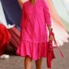 Bodice Hot Pink Dress With Ruched Sleeves