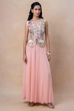 Varun Bahl Peach Embellished Jacket Set