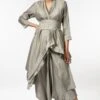 Aikeyah Grey Asymmetric Jacket Set With Quilted Belt