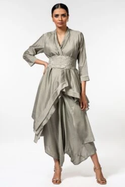 Aikeyah Grey Asymmetric Jacket Set With Quilted Belt