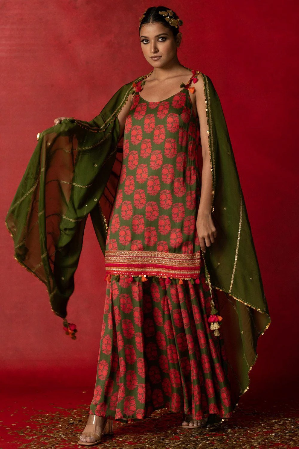 Pooja Keyur Olive Green Aari Embroidered Sharara Set 4 Pooja Keyur Olive Green Aari Embroidered Sharara Set - Image 2