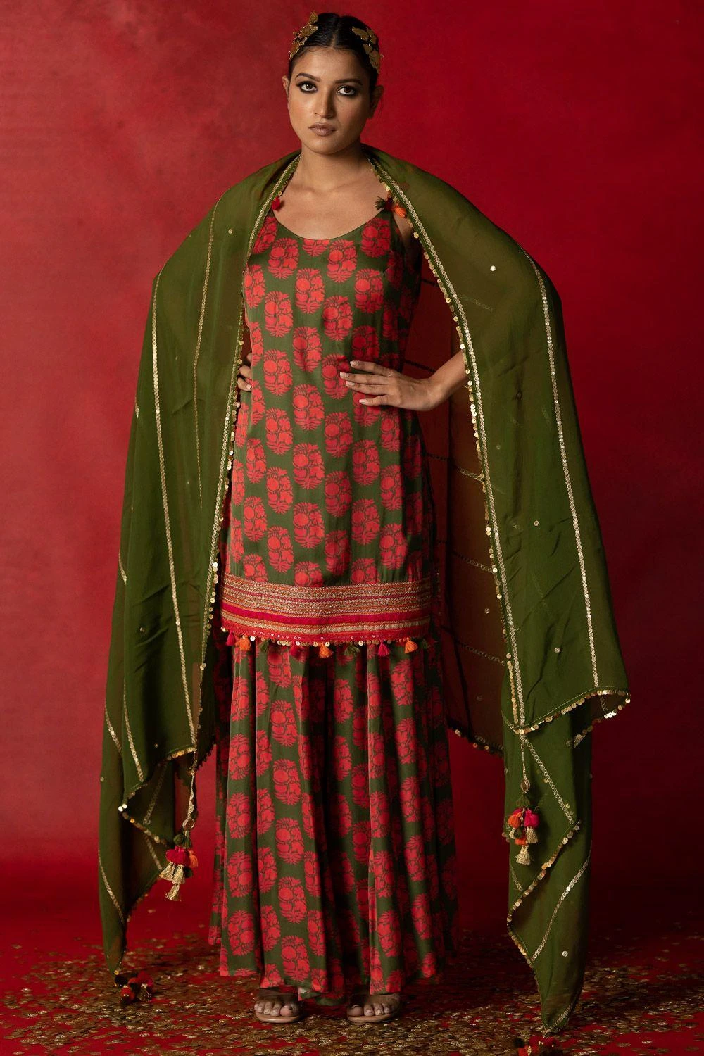 Pooja Keyur Olive Green Aari Embroidered Sharara Set 5 Pooja Keyur Olive Green Aari Embroidered Sharara Set - Image 3