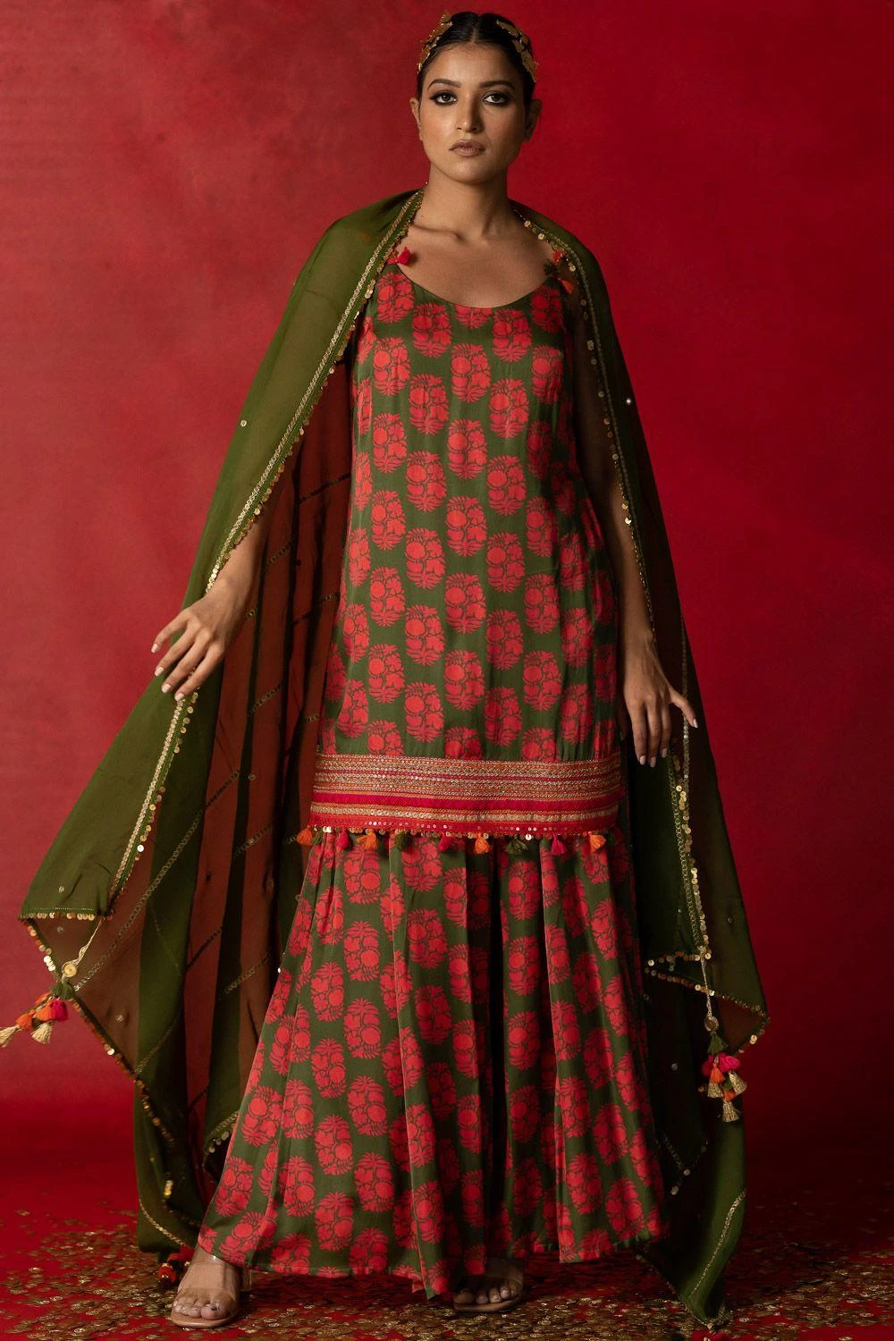 Pooja Keyur Olive Green Aari Embroidered Sharara Set 6 Pooja Keyur Olive Green Aari Embroidered Sharara Set - Image 4