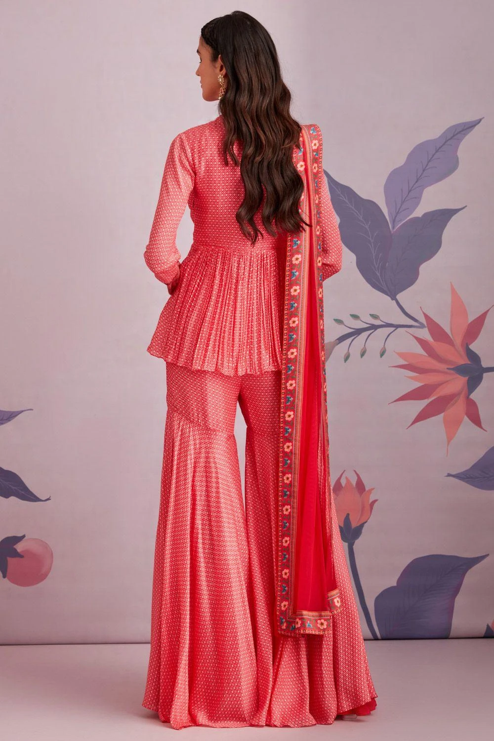 Ridhi Mehra Red Silk Peplum & Gharara Set With Dupatta 6 Ridhi Mehra Red Silk Peplum & Gharara Set With Dupatta - Image 4