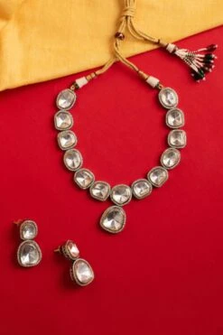 Zevar By Geeta White Polki Necklace With Earrings