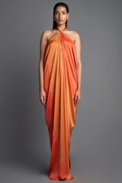 Amit Aggarwal Rust & Orange Panelled Draped Dress