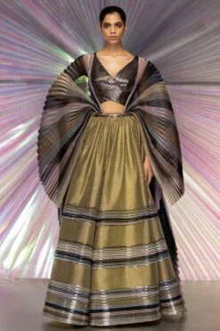 Amit Aggarwal Olive Lehenga With Moulded Blouse & Plisse Drape