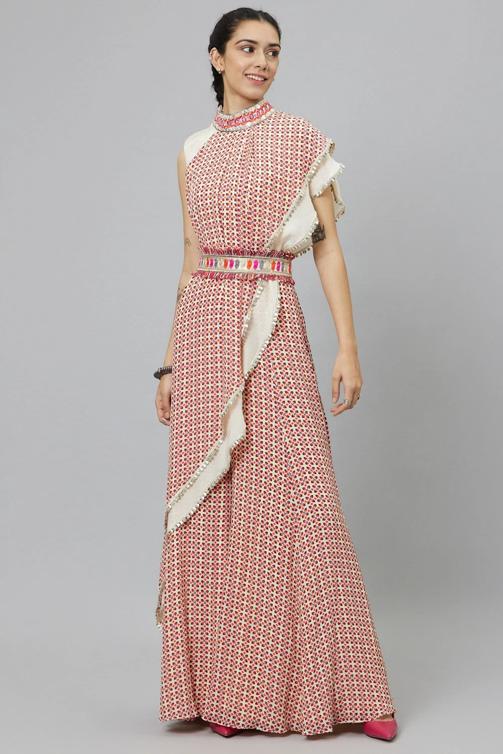 SVA Ivory Geometric Printed Draped Sari & Sharara Set 3 SVA Ivory Geometric Printed Draped Sari & Sharara Set