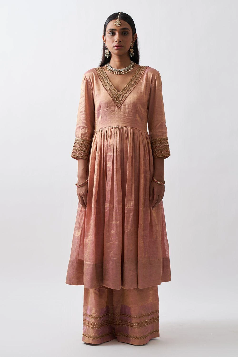 Rhua Gold Peach Handwoven Anarkali Set 4 Rhua Gold Peach Handwoven Anarkali Set - Image 2
