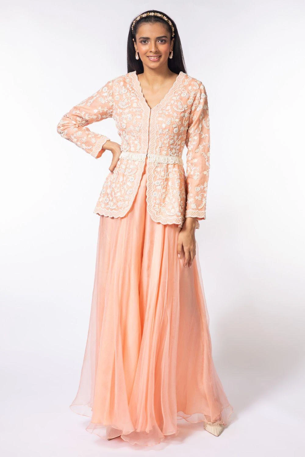 Devika Bhayana Pink Embroidered V Neck Jacket & Sharara Set 4 Devika Bhayana Pink Embroidered V Neck Jacket & Sharara Set - Image 2