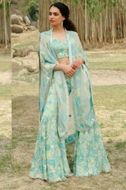 Mishru Mint Green Embroidered Cape Set