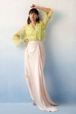 Richa Khemka Lime Feather Shirt With Draped Pants